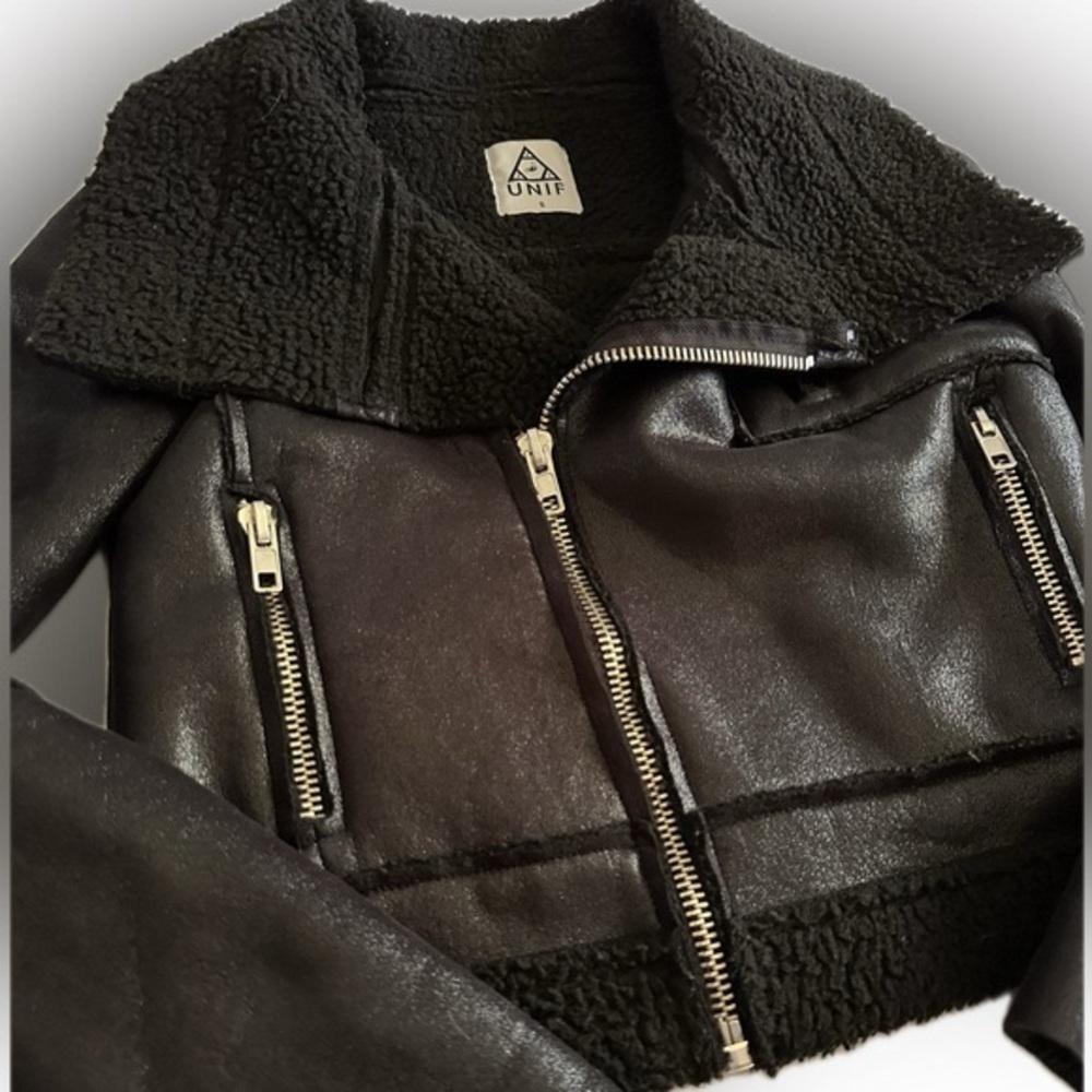 UNIF black shearling moto jacket silver hardware unif brand coat size small
